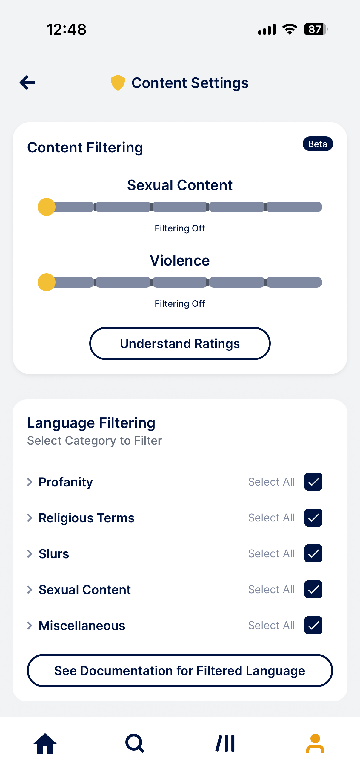 Bleeped Content Settings